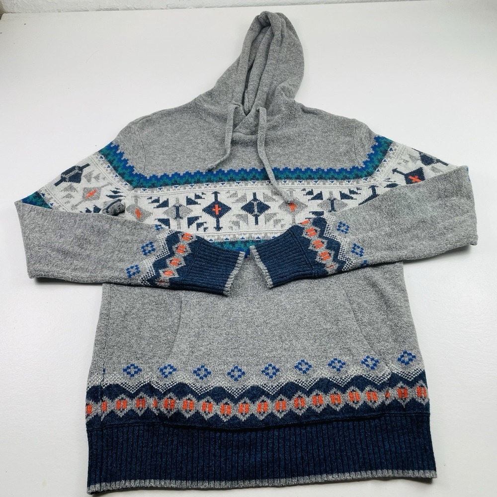 American Eagle Aztec Knit Hoodie Mens Medium Cotton Blend Sweater 90s